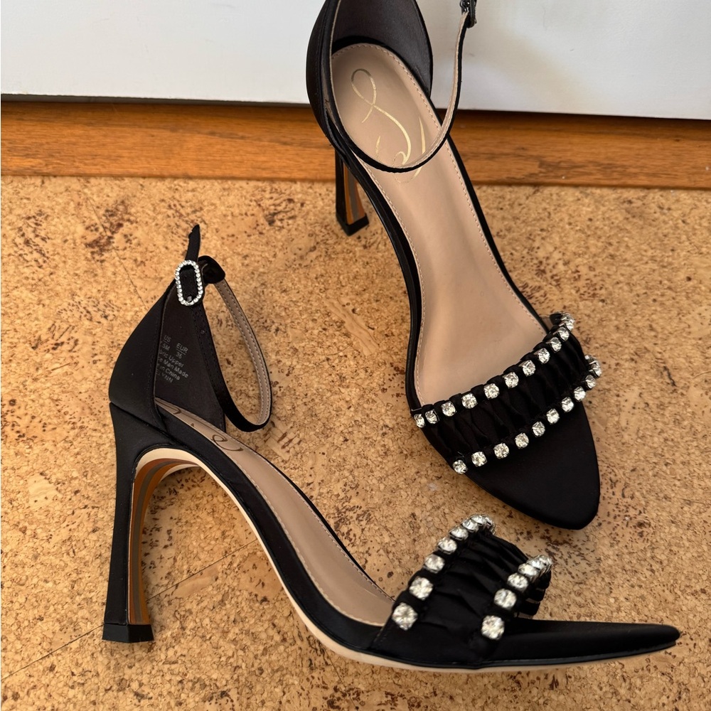 Sam Edelman Evelynn Black Strappy Satin and Rhinestone Heels